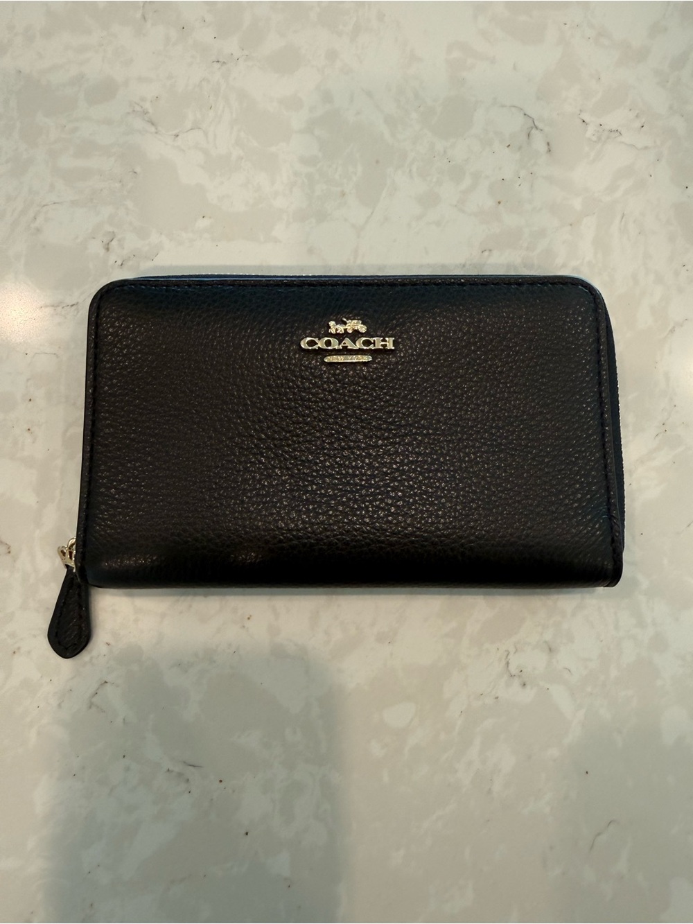 Coach Black Pebbled Leather Zip Wallet with Gold Logo